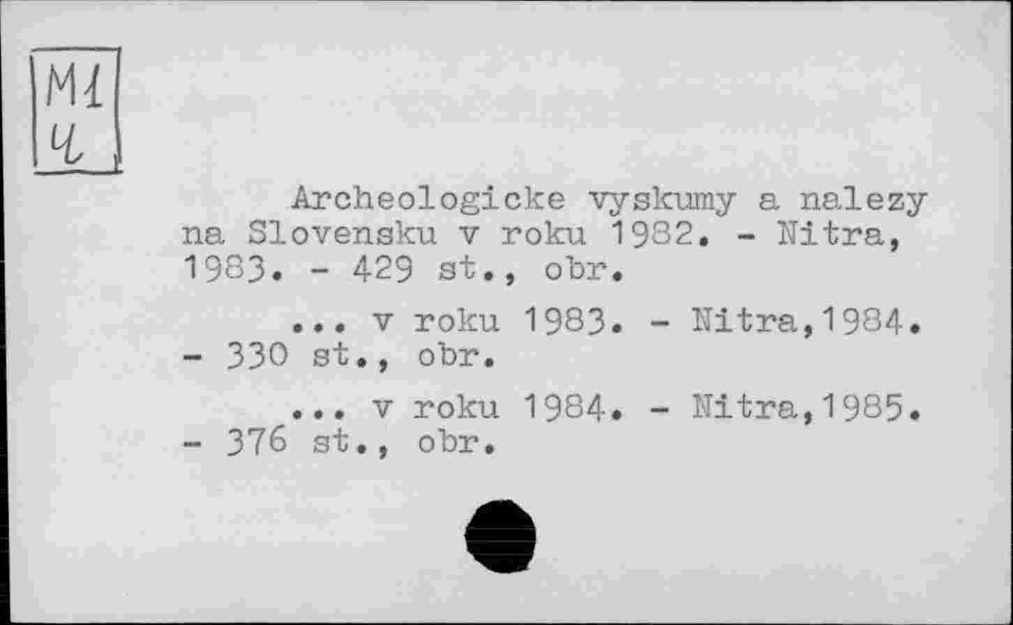 ﻿Archeologieke vyskumy a nalezy na Slovensku v roku 1932. - Mitra, 1983. - 429 st., ohr.
... v roku 1983» - Nitra,1984.
-	330 st., obr.
... v roku 1984« - Mitra,1985.
-	376 st., obr.